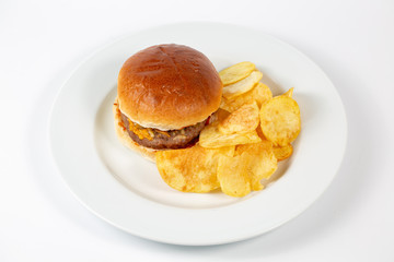 burger with chips