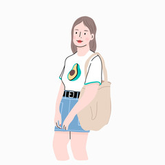 Cute young Girl in trendy clothes holding a shopping bag. Eco shopper. Modern fashion look. Hand drawn vector trendy illustration. Flat design. Cartoon style. Isolated on a white background