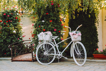 White retro bicycle with basket of pink and white flowers in the garden.  Bicycle near trees. Outside background. Landscape and a standing bicycle.  