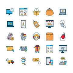 medicine pills and shopping online icon set, fill and line style