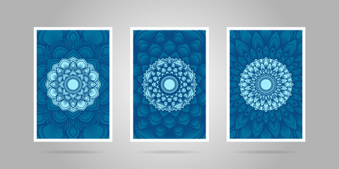 Blue Mandala Flower Triptych Poster Set.