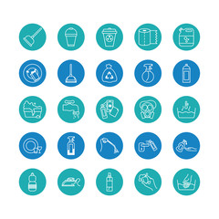 buckets and cleaning elements icon set, block style