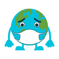Sad planet Earth in a medical facial mask on a white background. Vector illustration