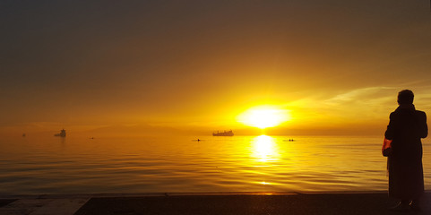 Golden sunset over the sea in Thessaloniki  - Greece