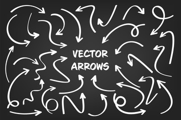 White hand drawn arrows set on gray background. Arrow, cursor Icon. Vector pointers collection. 