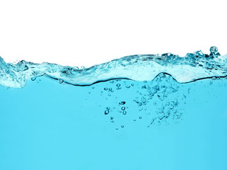 blue water surface with splash, waves and air bubbles on white background	