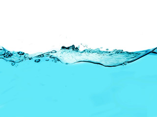 blue water surface with splash, waves and air bubbles on white background	