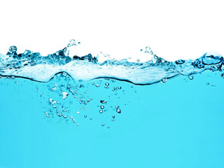 blue water surface with splash, waves and air bubbles on white background	