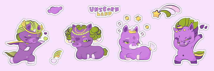 Little cute lilac unicorns, sticker set