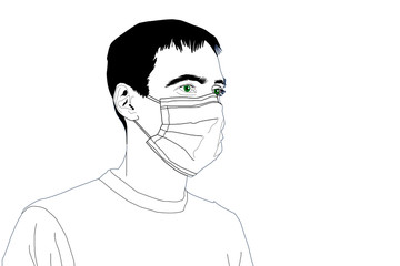 Simple reehand drawing in black outline. Man in a medical mask, head. Protection against germs, viruses. Respiratory diseases, flu.