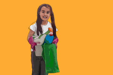 Little girl cleaning isolated on yellow background