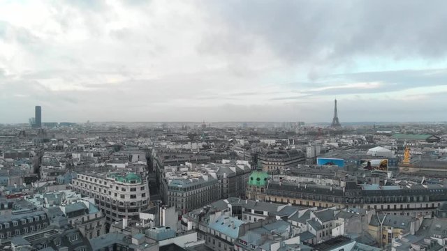 Paris City Neighborhood With Empty Streets And No People due to quarantine by coronavirus. Aerial shot. Grey sky