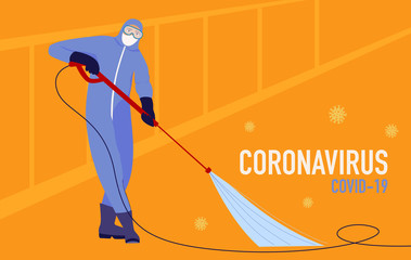 Illustration of Coronavirus COVID-19 outbreak concept. An asian men in a protective suit and mask makes disinfection of the street. Coronavirus outbreak.