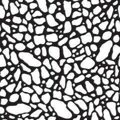 Beautiful seamless black and white pattern, texture, imitation of venetian mosaic terrazzo. White stones, black background.