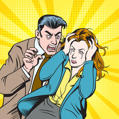 The girl was shocked to cry when the young man was angry.Pop art retro vector illustration kitsch vintage