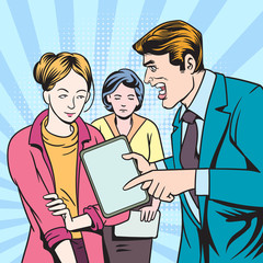 They work late. And frequent mistakes The boss is not happy.Pop art retro vector illustration kitsch vintage