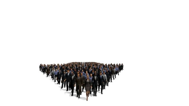 Businessmen with a businesswoman in front forming arrow shape pointing right, 4K against white
