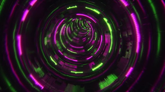 Loopable futuristic circle tunnel background with abstract green and purple light lines in full HD