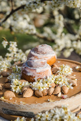 Homemade Cinnabon Buns with Cinnamon and Cream. Tasty cakes with cream buttercream icing. Easter sweet dessert cake. Close up view. Cinnamon in blooming trees. Outdoor shooting in garden.