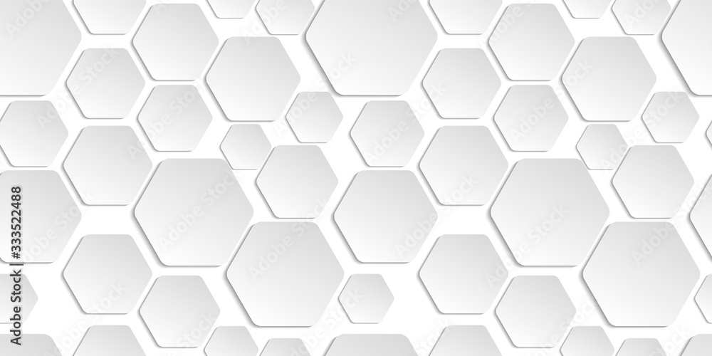 Leinwandbilder 3D Vector Hexagons White Abstract Seamless Pattern. Science Technology Hexagonal Blocks Structure Light Conceptual Repetitive Wallpaper.