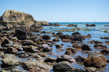 mossy rocks on beach in ocean water with tide