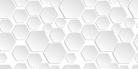 3D Vector Hexagons White Abstract Seamless Pattern. Science Technology Hexagonal Blocks Structure Light Conceptual Repetitive Wallpaper.
