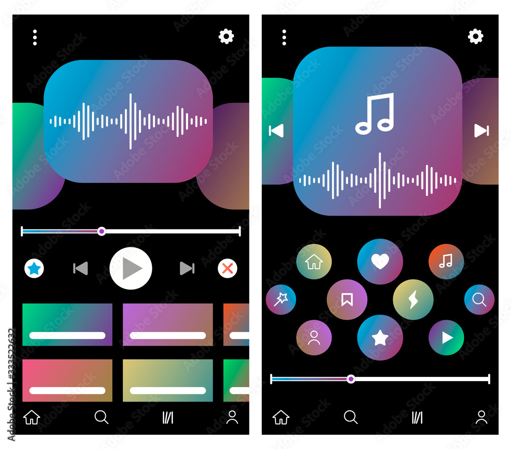 Aufkleber set of UX audio and video player templates in vector with design elements and icons. Mockup phone player, app, ui. Channel. Social media concept. Vector illustration. EPS 10