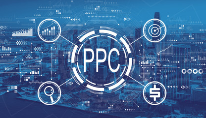 PPC - Pay per click concept with downtown San Francisco skyline buildings