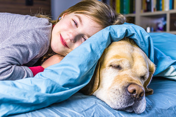 white labrador lies with girl on the bed under a blanket