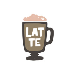 Latte coffee hand drawn illustration with typography. Cup silhouette and hot drink. Colored grunge style lettering with ink drops. Restaurant coffee card, poster design element