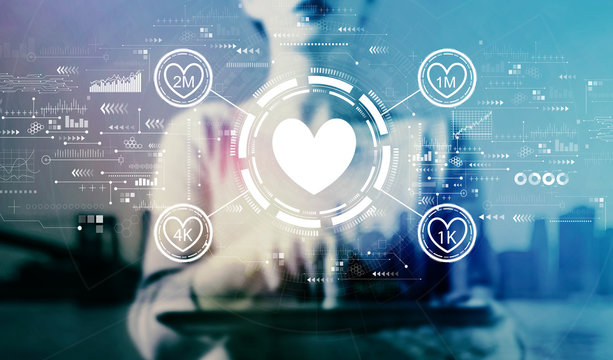 Get more likes concept with businesswoman using a tablet on a city background - Powered by Adobe