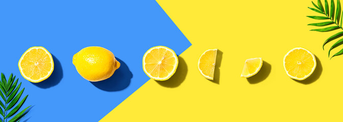 Fresh yellow lemons overhead view - flat lay