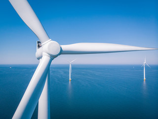 Wind turbine from aerial view, Drone view at windpark westermeerdijk a windmill farm in the lake...