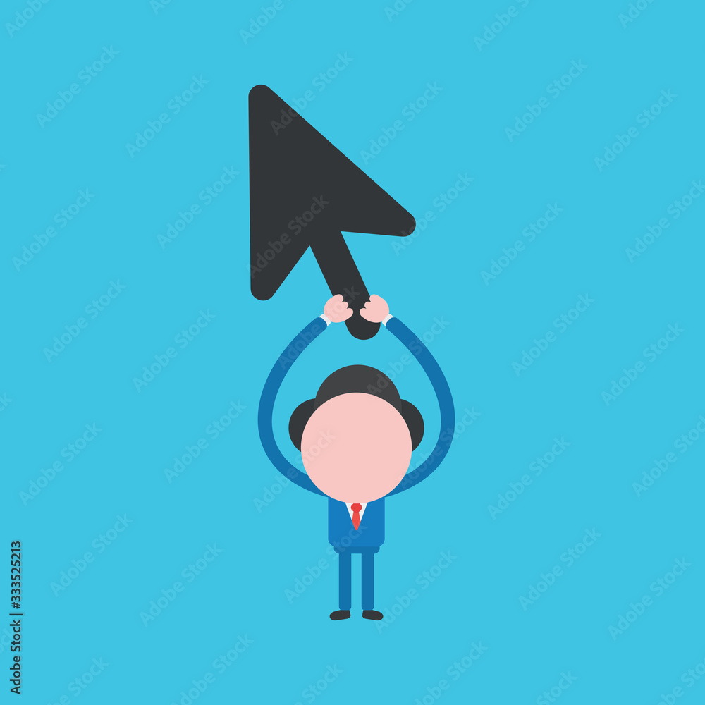Poster vector illustration concept of businessman character holding up computer mouse cursor arrow.