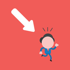 Vector illustration concept of businessman character running away from arrow moving down.