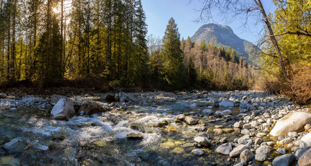 Beautiful Panoramic View of the river in the Canadian Mountain Landscape during a sunny winter day. Taken in Golden Ears Provincial Park, near Vancouver, British Columbia, Canada.