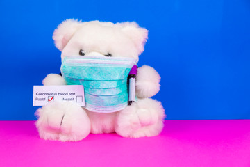 Toy wearing a medical mask. Epidemic. Coronavirus COVID-19. Face mask protection against pollution, virus, flu. 