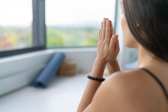 Yoga Woman Meditating At Home For Stress Free Serenity With Prayer Hands Wellness Zen Calm.