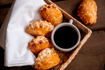 rolls with cottage cheese, coffee in a mug, coffee break, tea break
