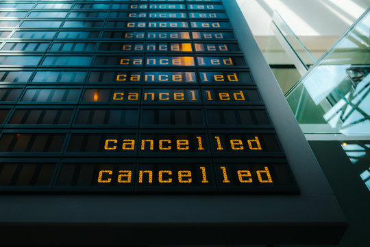 Cancelled flights are shown on display panel at Berlin-Tegel Airport, Berlin, Germany