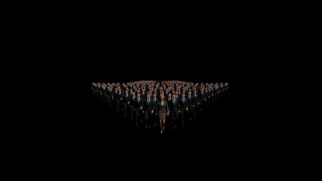 Businessmen with a businesswoman in front forming arrow shape pointing down, 4K, Alpha Channel