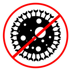 Red prohibition sign, black concept virus cell on white background
