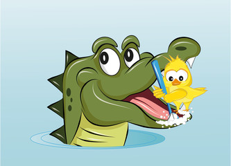 Krokodil und gelber Vogel bei der Zahnpflege