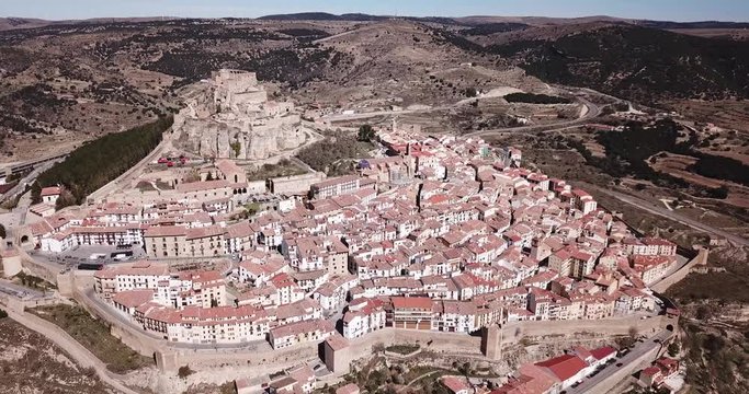Aerial view of impregnable fortress in medieval village Morella, Spain
