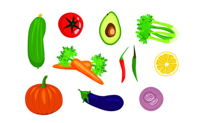 Vegetables icons set in cartoon style. Realistic organic vegan logo. Collection carrot, cucumber, eggplant, pepper, avocado, lemon, pumpkin, celery, tomatoe. Set vegan vector illustrations.