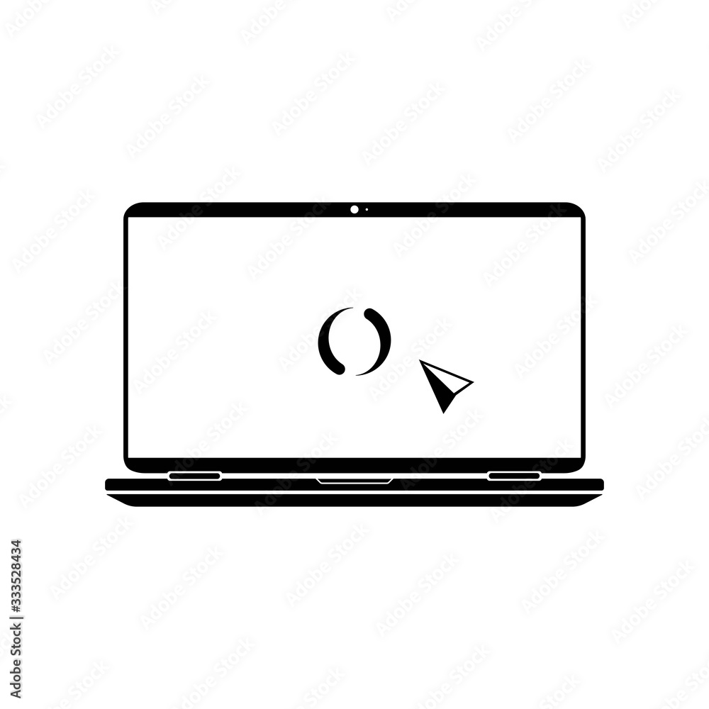 Poster laptop with pointer and download or mouse cursor icon in black on an isolated white background. eps 