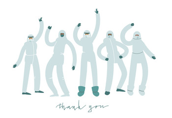 Group of medical professionals in protection suits doing various funny poses for celebration. Vector art in minimal style.