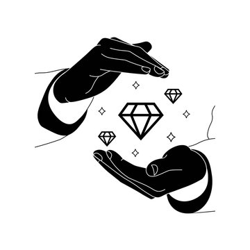 Hands holding values, diamonds or business core values icon logo in black design concept on an isolated white background. EPS 10 vector.