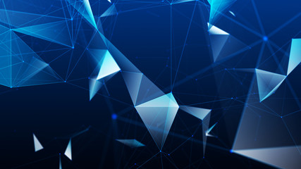 Digital plexus of glowing lines, dots and triangles. Abstract background. Connection of particles. 3D rendering.