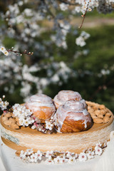Homemade Cinnabon Buns with Cinnamon and Cream. Tasty cakes with cream buttercream icing. Easter sweet dessert cake. Close up view. Cinnamon in blooming trees. Outdoor shooting in garden.